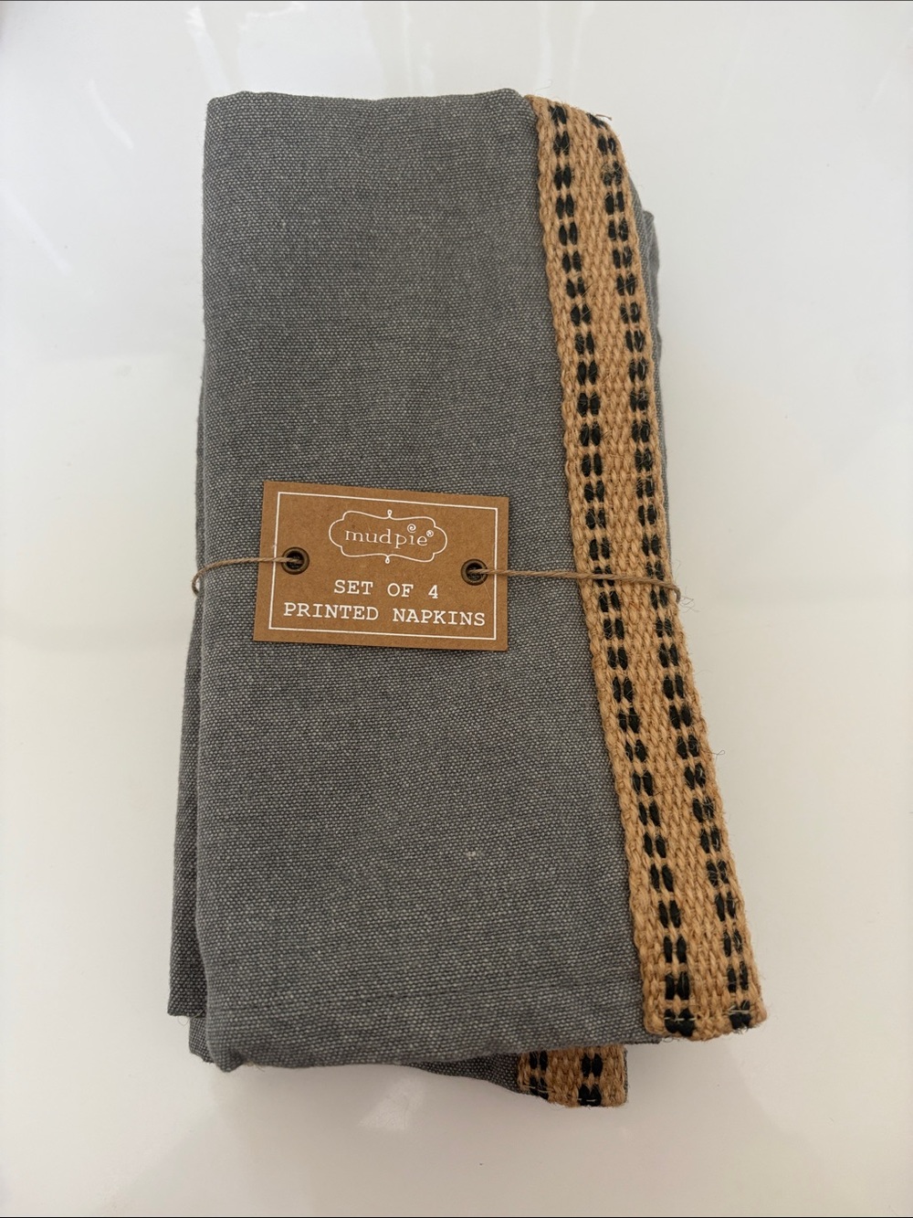 Mud Pie Gray Napkin Set with Jute Trim - Set of 4